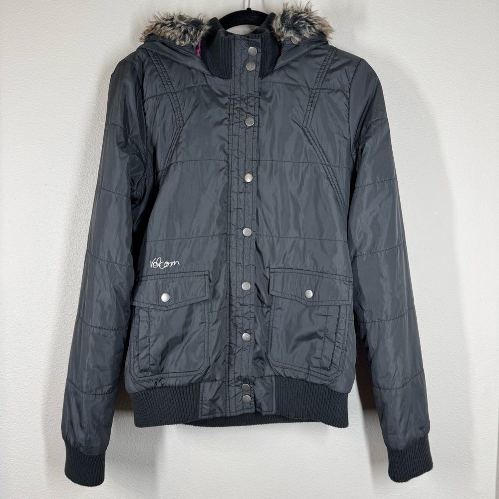 Volcom Black Y2K Puffer Jacket Fur Lined Hood Womens Size Medium